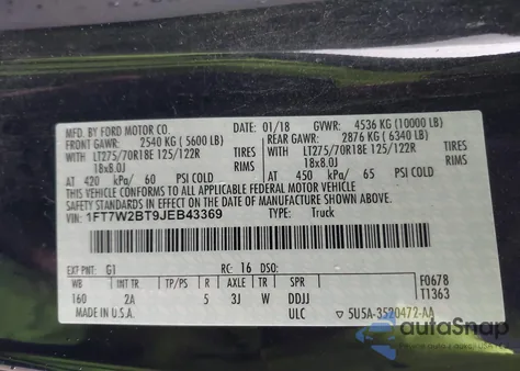 2018 Ford F-250 Xlt from USA, damaged, VIN 1FT7W2BT9JEB43369